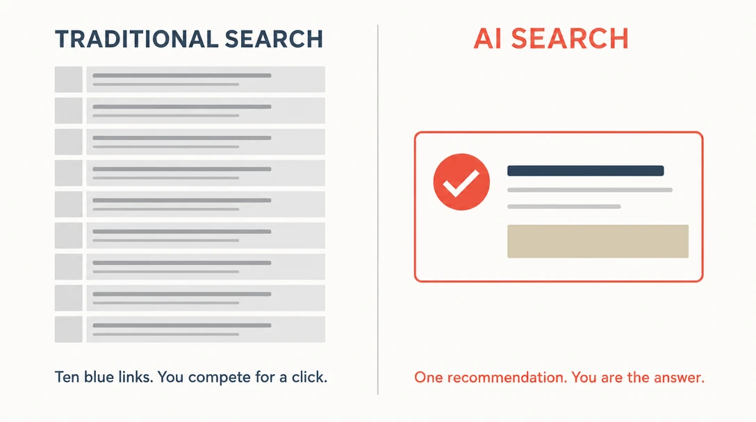 Traditional search gives you ten links to compete for. AI search gives one answer.