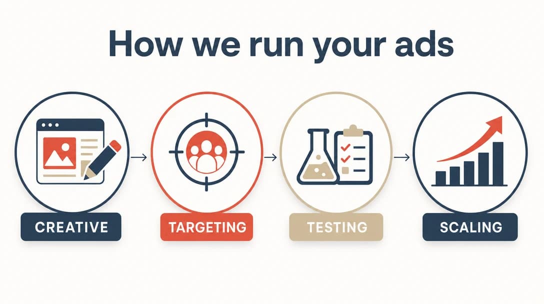 How a managed campaign runs: creative, targeting, testing, scaling.